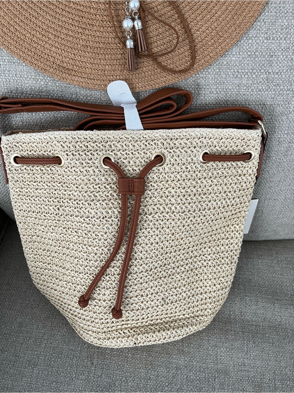 Women’s Straw Bucket Bag with Brown Trim